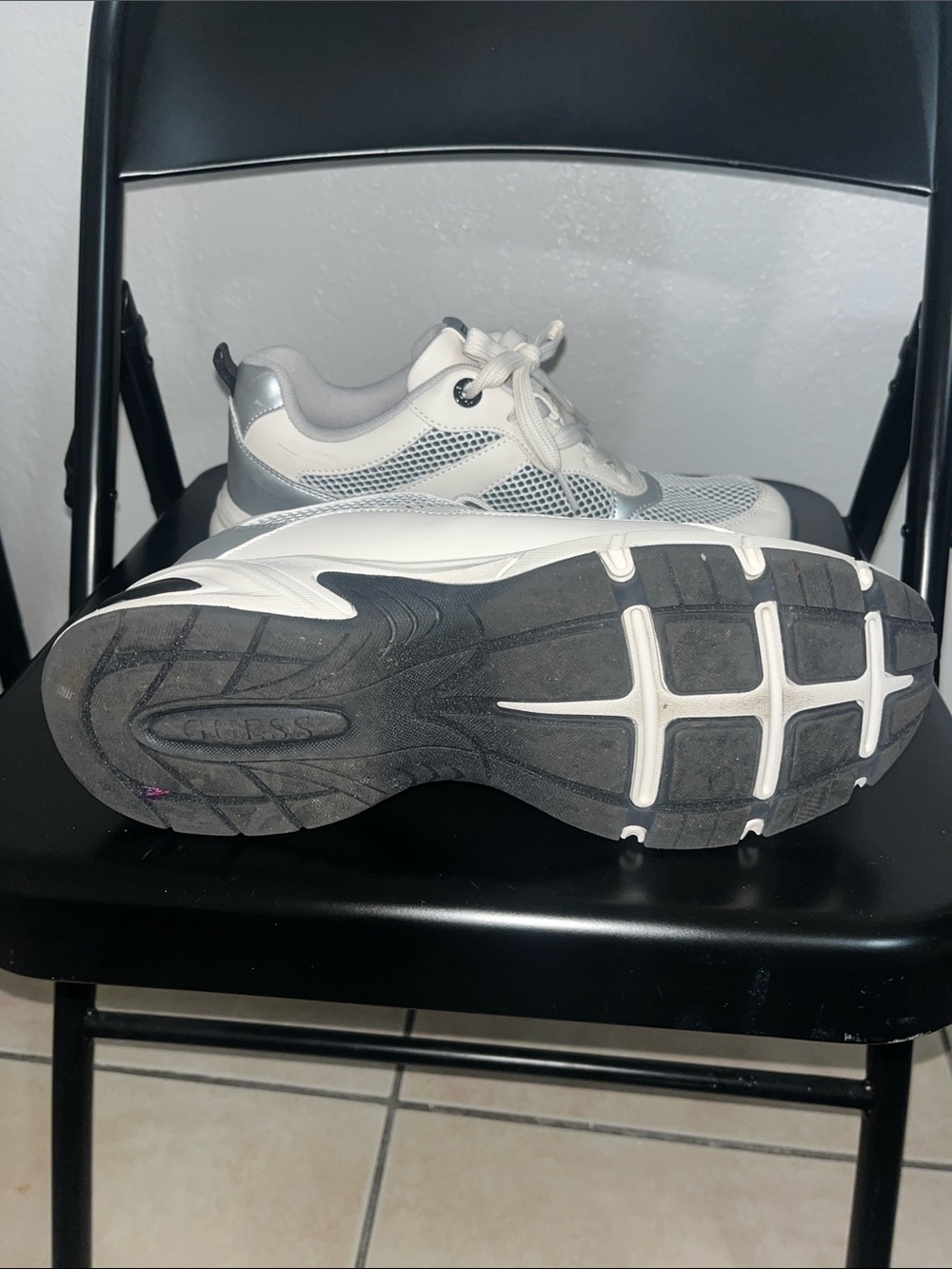 GUESS White and Silver Women's Chunky Lace-Up Sneakers - Picture 4 of 6